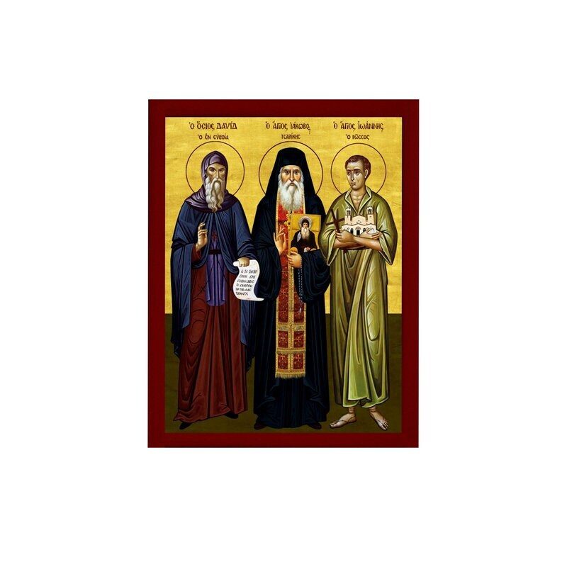 St David of Euboea St John the Russian & St Iakovos Tsalikis icon, Handmade Greek Orthodox icon, Byzantine art wall hanging wood plaque gift TheHolyArt
