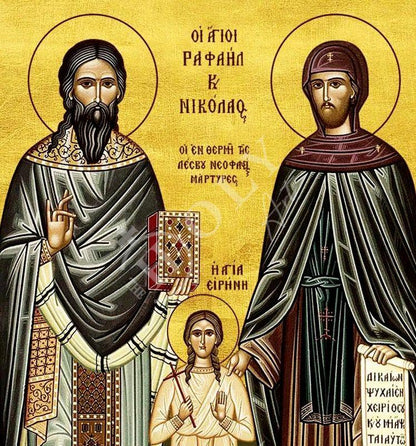 Saint Raphael Saint Nicholas Saint Irene icon Lesvos, Byzantine art wall hanging, Handmade Greek Orthodox icon wood plaque, religious gift - TheHolyArt