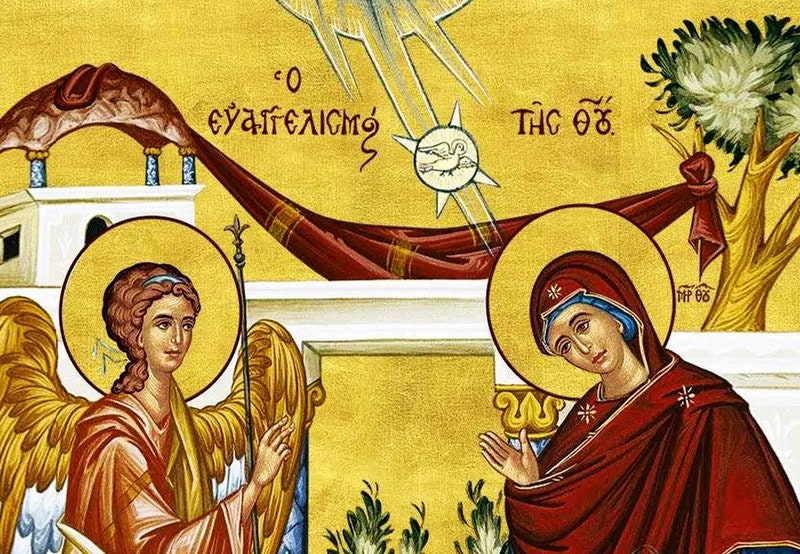 Virgin Mary icon Panagia Annunciation, Handmade Greek Orthodox Icon of Evangelismos of Theotokos Byzantine art wall hanging wood plaque gift TheHolyArt