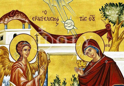 Virgin Mary icon Panagia Annunciation, Handmade Greek Orthodox Icon of Evangelismos of Theotokos Byzantine art wall hanging wood plaque gift - TheHolyArt