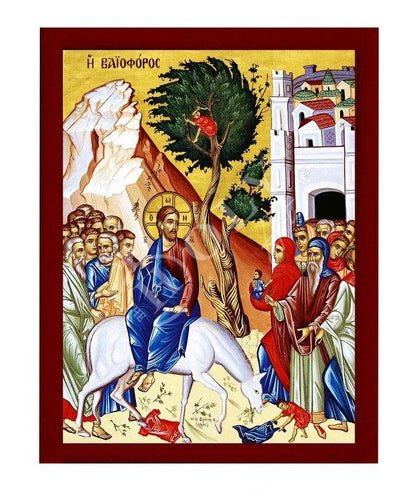 Palm Sunday Jesus Christ icon, Handmade Greek Orthodox icon of Jesus Christ Triumphal Entry, Byzantine art wall hanging on wood plaque icon - TheHolyArt