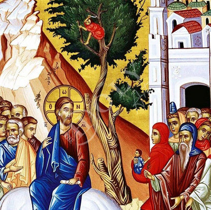 Palm Sunday Jesus Christ icon, Handmade Greek Orthodox icon of Jesus Christ Triumphal Entry, Byzantine art wall hanging on wood plaque icon - TheHolyArt