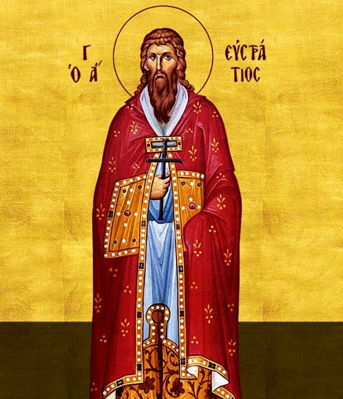 Saint Efstratios icon, Handmade Greek Orthodox icon of St Eustratius, Byzantine art wall hanging icon on wood plaque, religious gift TheHolyArt
