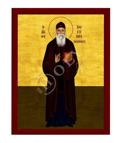 Saint Ioustinos Popovic icon, Handmade Greek Orthodox icon of St Justin, Byzantine art wall hanging icon on wood plaque, religious gift - TheHolyArt