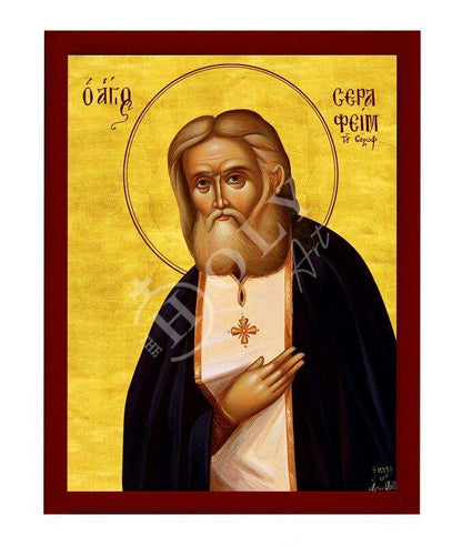Saint Seraphim icon, Handmade Greek Orthodox icon St Seraphim of Sarov, Byzantine art wall hanging on wood plaque icon, religious decor - TheHolyArt