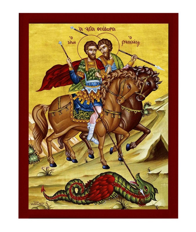 Saint Theodore Tiron & Stratelates icon, Handmade Greek Orthodox icon St Theodore The Tyro, Byzantine art wall hanging on wood plaque icon TheHolyArt