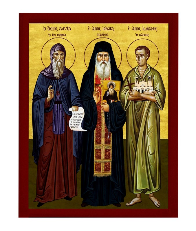 St David of Euboea St John the Russian & St Iakovos Tsalikis icon, Handmade Greek Orthodox icon, Byzantine art wall hanging wood plaque gift TheHolyArt