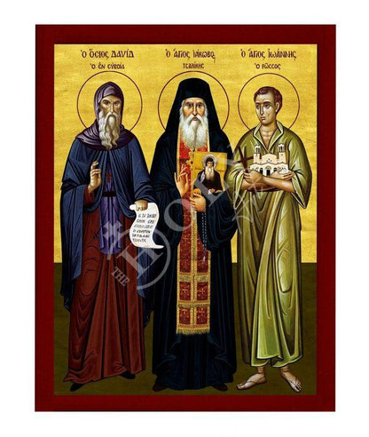 St David of Euboea St John the Russian & St Iakovos Tsalikis icon, Handmade Greek Orthodox icon, Byzantine art wall hanging wood plaque gift - TheHolyArt