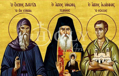 St David of Euboea St John the Russian & St Iakovos Tsalikis icon, Handmade Greek Orthodox icon, Byzantine art wall hanging wood plaque gift - TheHolyArt