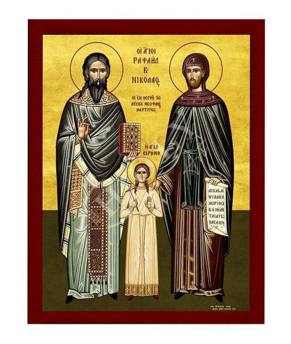 Saint Raphael Saint Nicholas Saint Irene icon Lesvos, Byzantine art wall hanging, Handmade Greek Orthodox icon wood plaque, religious gift - TheHolyArt