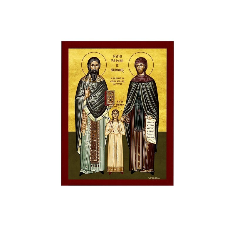 Saint Raphael Saint Nicholas Saint Irene icon Lesvos, Byzantine art wall hanging, Handmade Greek Orthodox icon wood plaque, religious gift TheHolyArt