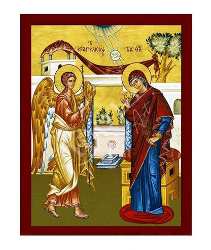Virgin Mary icon Panagia Annunciation, Handmade Greek Orthodox Icon of Evangelismos of Theotokos Byzantine art wall hanging wood plaque gift - TheHolyArt