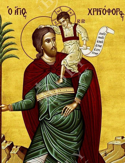 Saint Christopher icon, Handmade Greek Orthodox icon of Martyr Christopher of Lycea, Byzantine art wall hanging on wood plaque - TheHolyArt