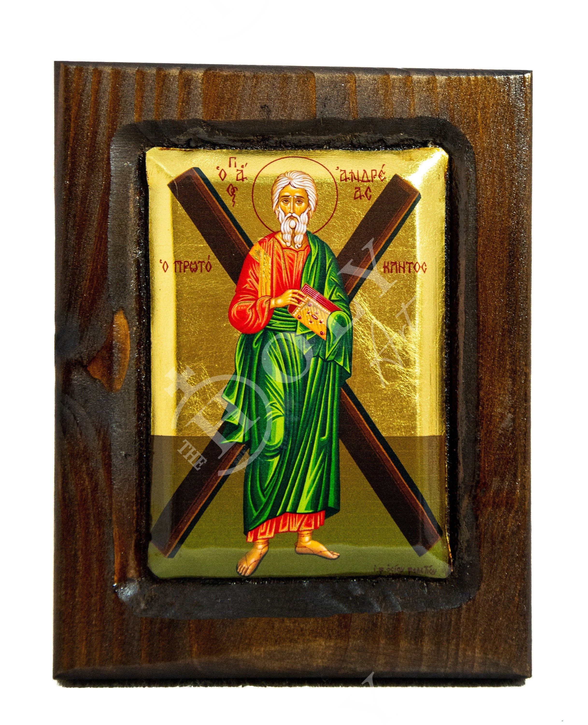 Saint Andrew the First selling Called Orthodox Christian pyrography icon with gold detail