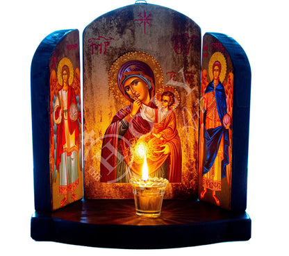 Christian Iconostasis with Virgin Mary Archangel Michael Archangel Gabriel icon, Handmade Mount Athos wooden Altar Orthodox Icon - TheHolyArt