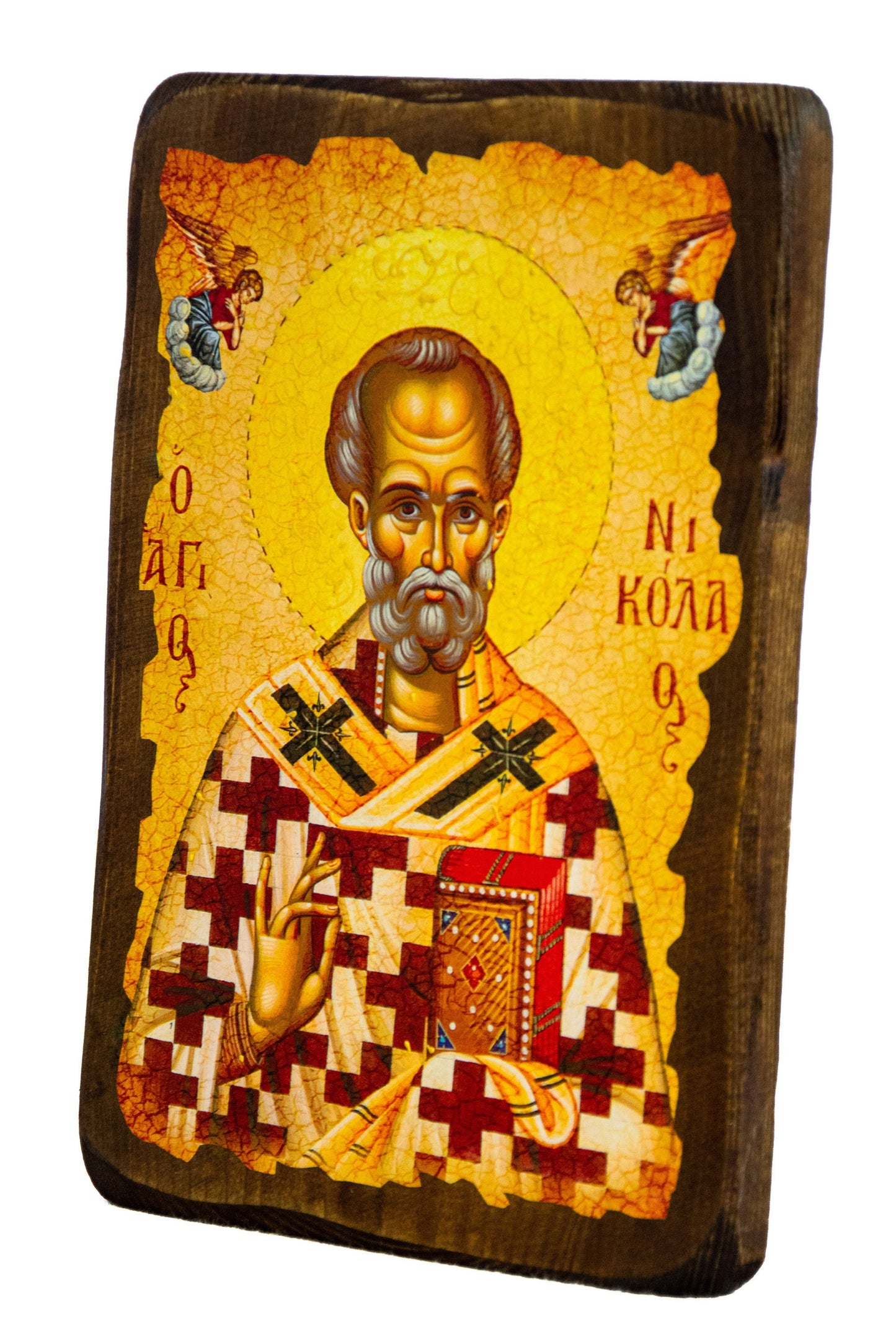 Saint Nicholas icon, Handmade Greek Orthodox icon of St Nick, Byzantine art wall hanging icon on wood plaque Agios Nikolaos, religious gift TheHolyArt