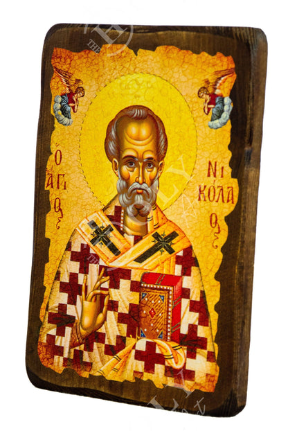 Saint Nicholas icon, Handmade Greek Orthodox icon of St Nick, Byzantine art wall hanging icon on wood plaque Agios Nikolaos, religious gift - TheHolyArt