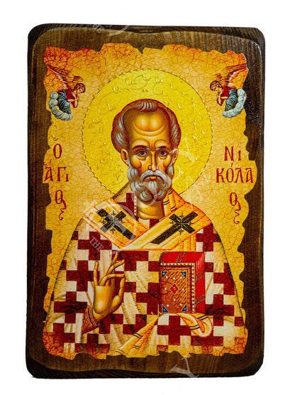 Saint Nicholas icon, Handmade Greek Orthodox icon of St Nick, Byzantine art wall hanging icon on wood plaque Agios Nikolaos, religious gift - TheHolyArt