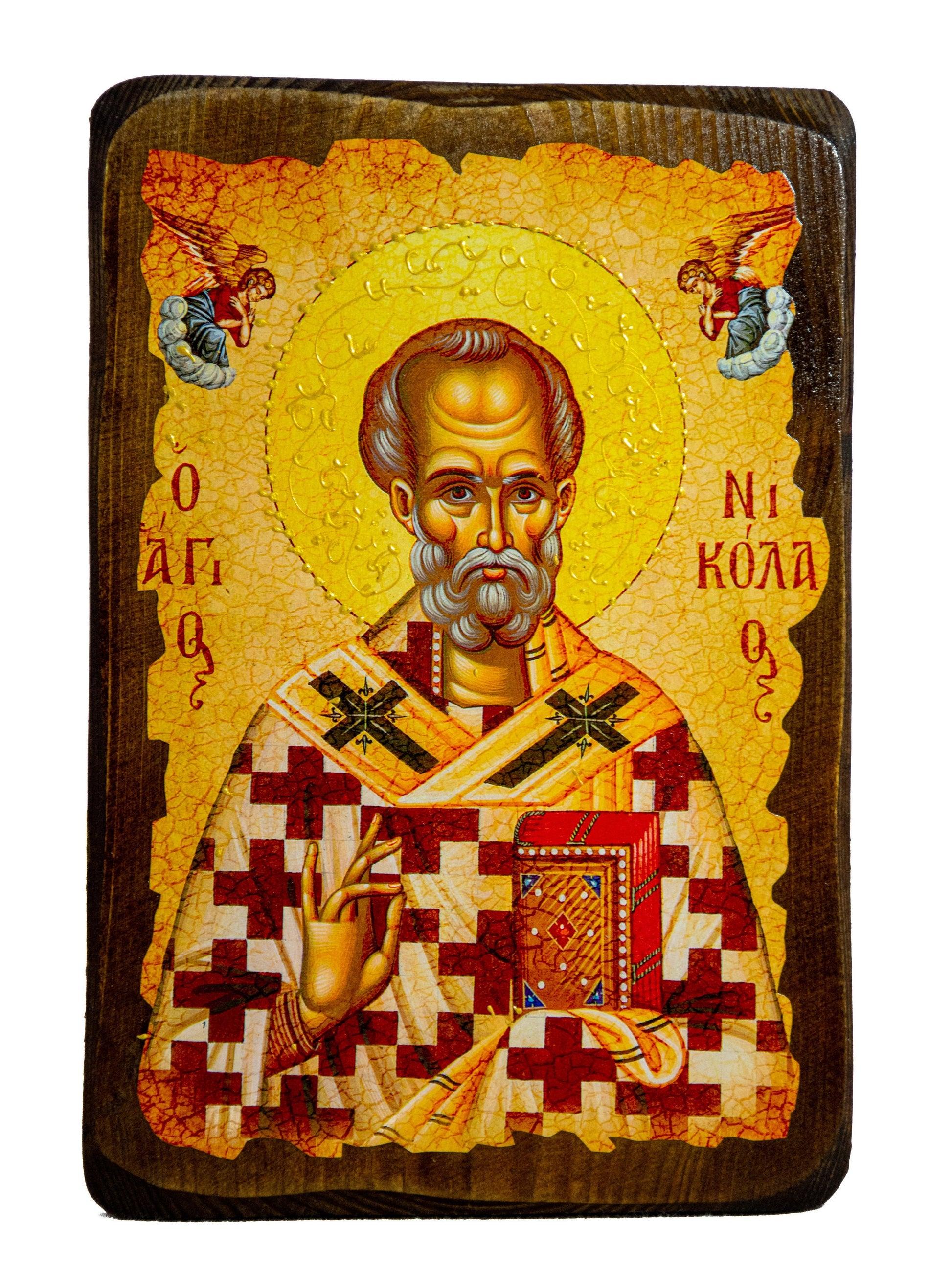 Saint Nicholas icon, Handmade Greek Orthodox icon of St Nick, Byzantine art wall hanging icon on wood plaque Agios Nikolaos, religious gift TheHolyArt