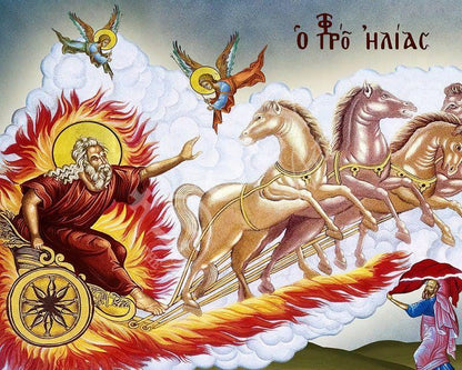 Prophet Elijah icon with Chariot of Fire, Handmade Greek Orthodox icon of Saint Elias, Byzantine art wall hanging on wood plaque icon - TheHolyArt