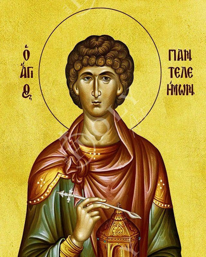 Saint Panteleimon icon, Greek Handmade Orthodox icon of Saint Pantaleon, Byzantine art wall hanging of San Pantaleone, religious gift decor - TheHolyArt
