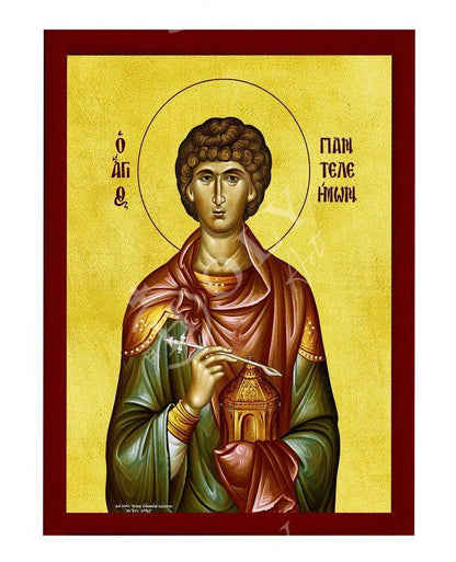 Saint Panteleimon icon, Greek Handmade Orthodox icon of Saint Pantaleon, Byzantine art wall hanging of San Pantaleone, religious gift decor - TheHolyArt