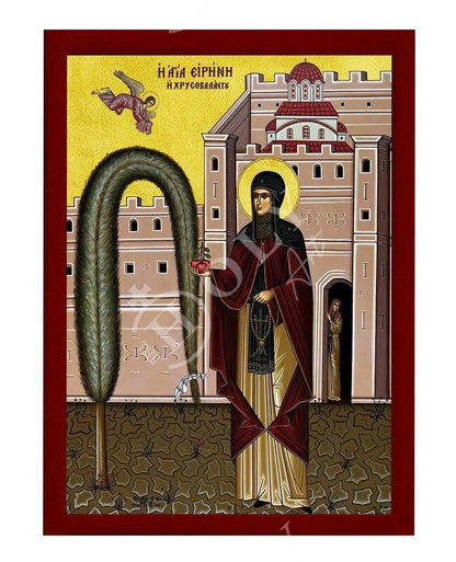 Saint Irene Chrysovalantou icon, Handmade Greek Orthodox icon of St Irene, Byzantine art wall hanging on wood plaque, religious decor gift - TheHolyArt