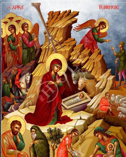Nativity of Jesus Christ icon, Handmade Greek Orthodox icon, Byzantine art wall hanging wood plaque of the Birth our Lord, religious decor - TheHolyArt