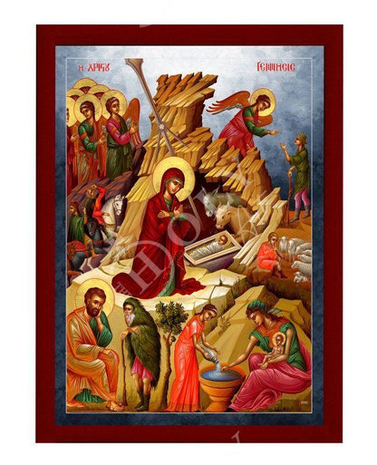 Nativity of Jesus Christ icon, Handmade Greek Orthodox icon, Byzantine art wall hanging wood plaque of the Birth our Lord, religious decor - TheHolyArt