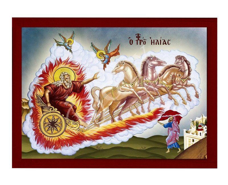 Prophet Elijah icon with Chariot of Fire, Handmade Greek Orthodox icon of Saint Elias, Byzantine art wall hanging on wood plaque icon TheHolyArt