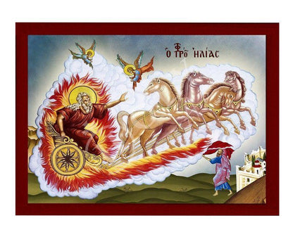 Prophet Elijah icon with Chariot of Fire, Handmade Greek Orthodox icon of Saint Elias, Byzantine art wall hanging on wood plaque icon - TheHolyArt