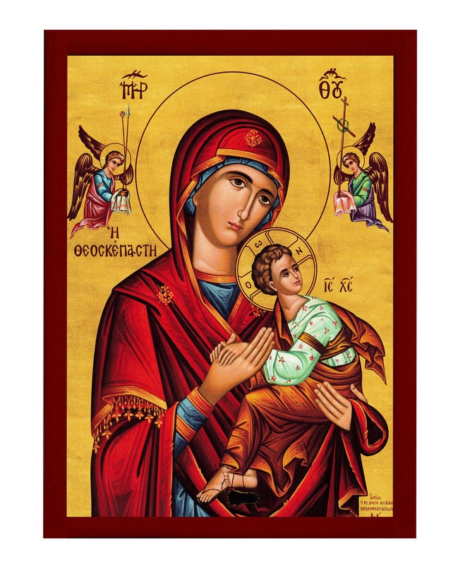 Virgin Mary icon Panagia Theoskepasti Santorini, Handmade Greek Orthodox Icon Mother of God Byzantine art Theotokos wall hanging wood plaque TheHolyArt