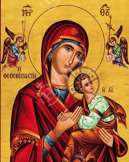 Virgin Mary icon Panagia Theoskepasti Santorini, Handmade Greek Orthodox Icon Mother of God Byzantine art Theotokos wall hanging wood plaque - TheHolyArt