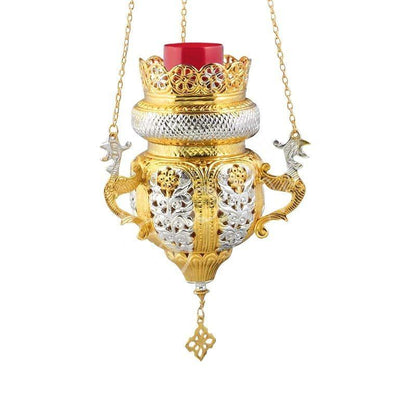 Gold Plated Christian Brass Hanging Oil Vigil Lamp with Cross, Prayer Hanging Oil Lamp, Orthodox Oil Candle with glass cup, religious decor - TheHolyArt