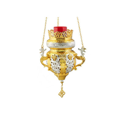 Gold Plated Christian Brass Hanging Oil Vigil Lamp with Cross, Prayer Hanging Oil Lamp, Orthodox Oil Candle with glass cup, religious decor - TheHolyArt