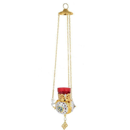 Gold Plated Christian Brass Hanging Oil Vigil Lamp with Cross, Prayer Hanging Oil Lamp, Orthodox Oil Candle with glass cup, religious decor - TheHolyArt
