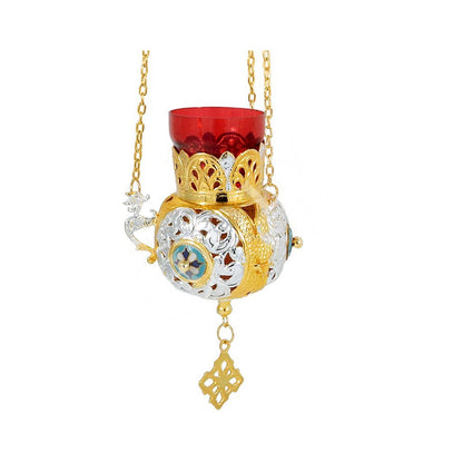 Gold Plated Christian Brass Hanging Oil Vigil Lamp with Cross, Prayer Hanging Oil Lamp, Orthodox Oil Candle with glass cup, religious decor - TheHolyArt