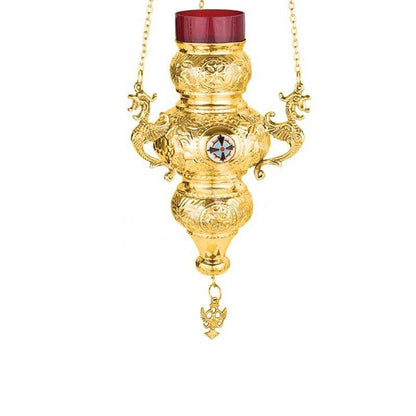 Gold Plated Christian Brass Hanging Oil Vigil Lamp with Cross, Prayer Hanging Oil Lamp, Orthodox Oil Candle with glass cup, religious decor - TheHolyArt