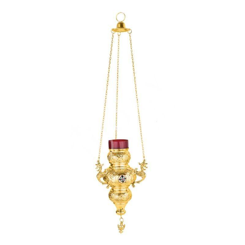 Gold Plated Christian Brass Hanging Oil Vigil Lamp with Cross, Prayer Hanging Oil Lamp, Orthodox Oil Candle with glass cup, religious decor TheHolyArt