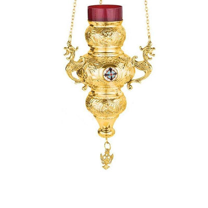 Gold Plated Christian Brass Hanging Oil Vigil Lamp with Cross, Prayer Hanging Oil Lamp, Orthodox Oil Candle with glass cup, religious decor - TheHolyArt