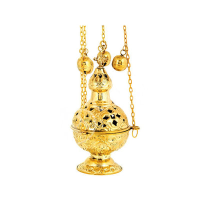 Gold Plated Christian Hanging Brass Resin Incense Burner, Greek Orthodox Thurible Incense holder, Metal Byzantine Censer Perfume burner gift - TheHolyArt