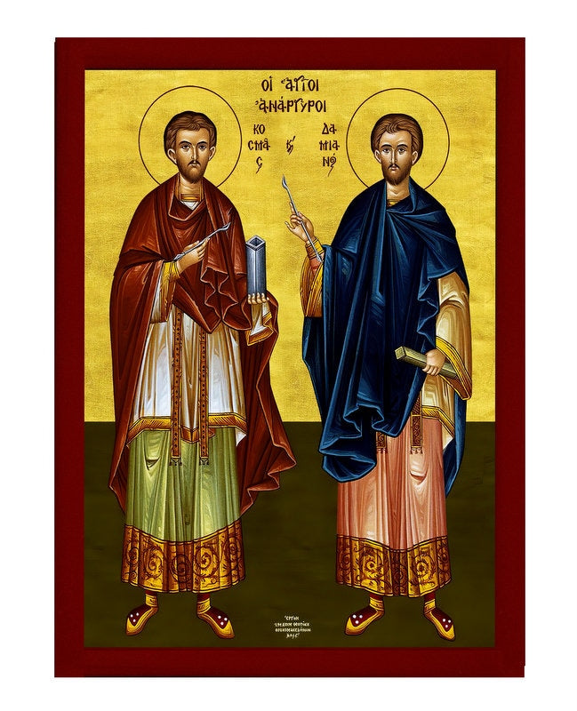 Saint Cosmas and Damian icon, Handmade Greek Orthodox Icon of Agioi Anargyroi, Byzantine art wall hanging plaque Patron Saints of Medicine TheHolyArt