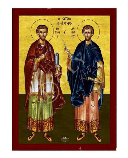 Saint Cosmas and Damian icon, Handmade Greek Orthodox Icon of Agioi Anargyroi, Byzantine art wall hanging plaque Patron Saints of Medicine (smooth) - TheHolyArt