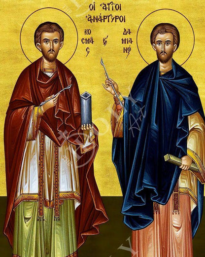 Saint Cosmas and Damian icon, Handmade Greek Orthodox Icon of Agioi Anargyroi, Byzantine art wall hanging plaque Patron Saints of Medicine (smooth) - TheHolyArt