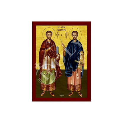 Saint Cosmas and Damian icon, Handmade Greek Orthodox Icon of Agioi Anargyroi, Byzantine art wall hanging plaque Patron Saints of Medicine (smooth) - TheHolyArt