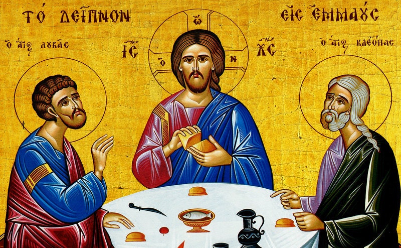 The Supper at Emmaus icon, Handmade Greek Orthodox icon of Jesus Christ St Cleopas Apostle Luke Byzantine art wall hanging wood plaque decor TheHolyArt
