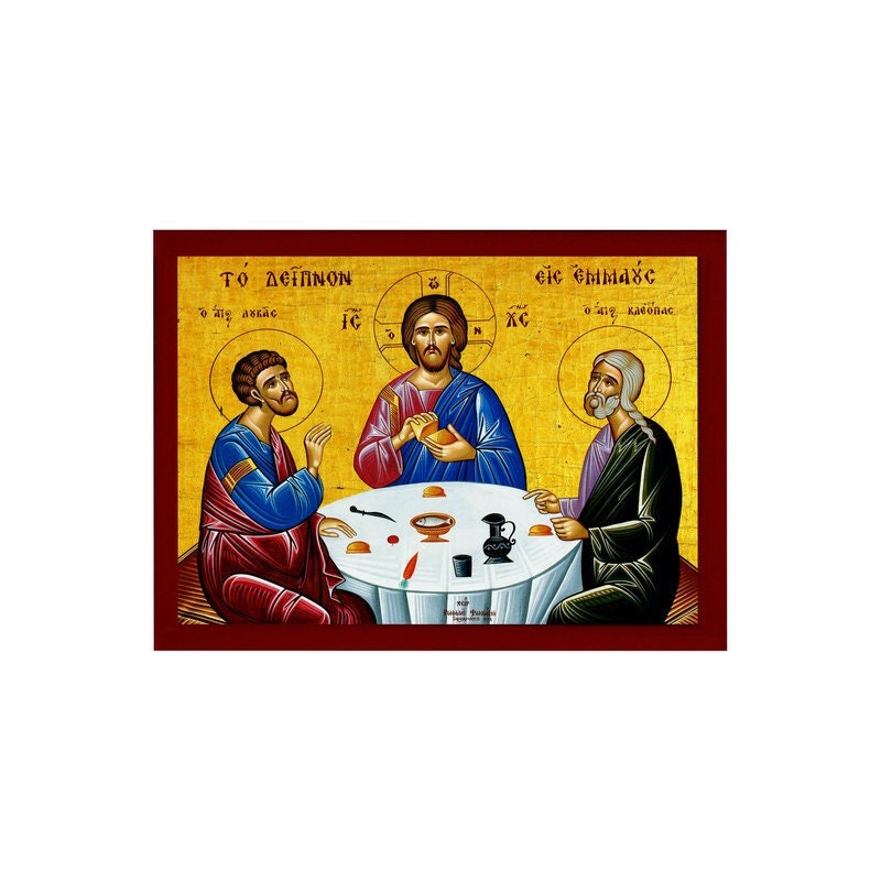 The Supper at Emmaus icon, Handmade Greek Orthodox icon of Jesus Christ St Cleopas Apostle Luke Byzantine art wall hanging wood plaque decor TheHolyArt