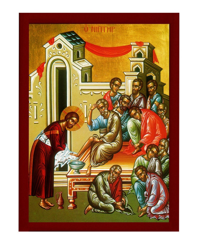 The Maundy Foot Washing of Jesus Christ to the Apostles icon, Handmade Greek Orthodox icon Pedelavium Byzantine art wall hanging wood plaque TheHolyArt
