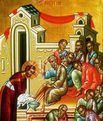 The Maundy Foot Washing of Jesus Christ to the Apostles icon, Handmade Greek Orthodox icon Pedelavium Byzantine art wall hanging wood plaque - TheHolyArt
