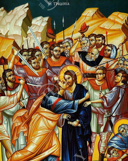 The Betrayal of Jesus Christ by Judas Iscariot icon, Handmade Greek Orthodox icon of Judas Kiss Byzantine art wall hanging wood plaque - TheHolyArt